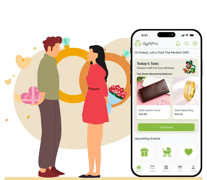 A couple exchanging gifts with each other beside the Gyftpro App